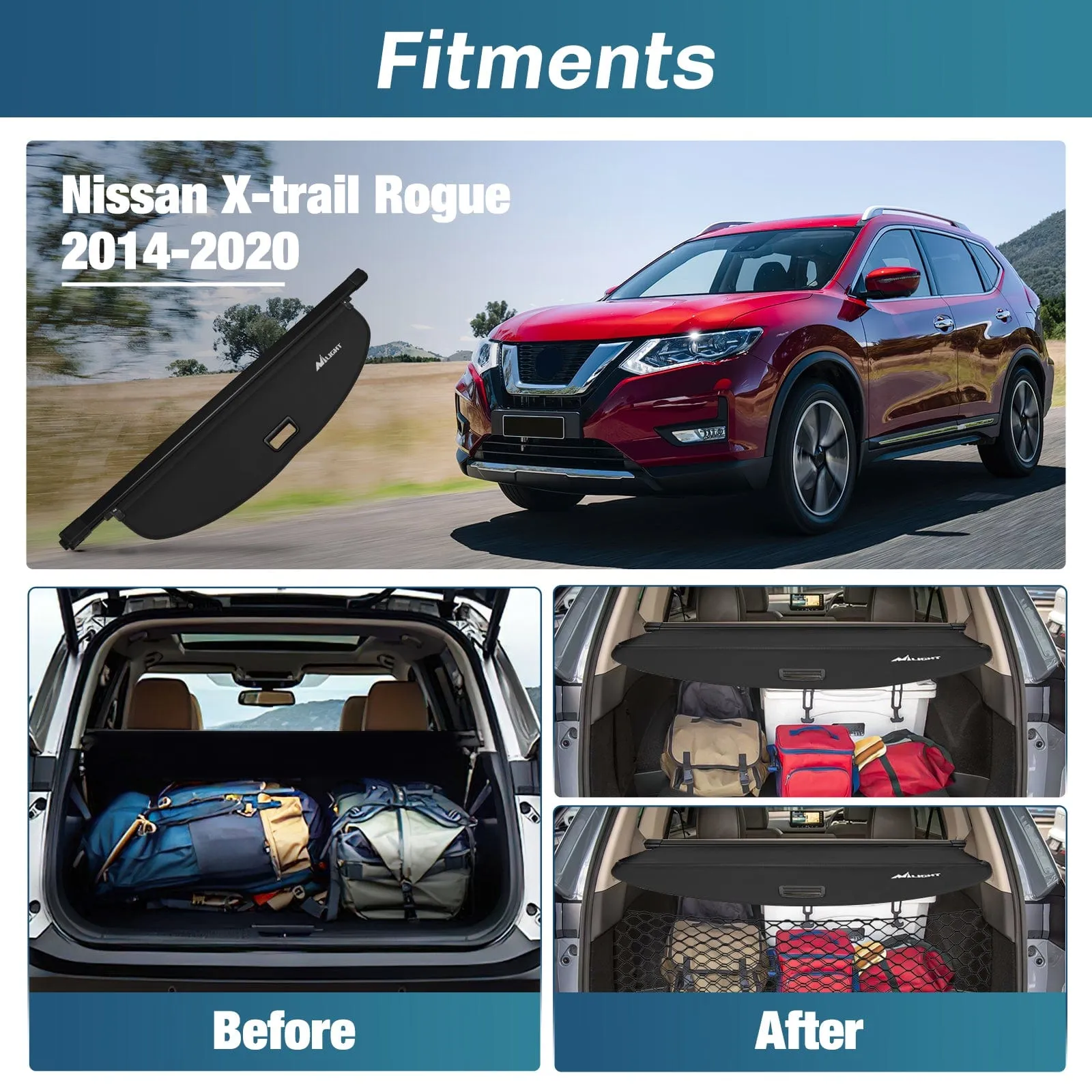 2014-2020 Nissan X-Trail Rogue SV S SL Retractable Trunk Cargo Cover With Trunk Storage Net