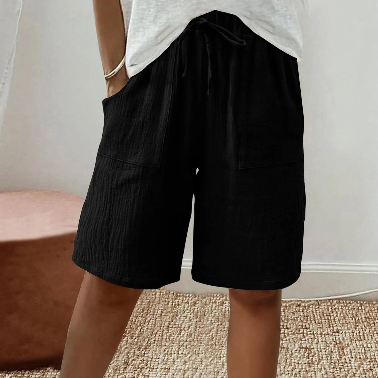 Bermuda Shorts for Women Knee Length Elastic Waist Drawstring Loose Wide Leg Shorts Summer Casual Beach Clothes 2025