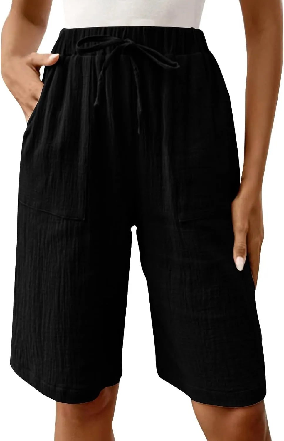Bermuda Shorts for Women Knee Length Elastic Waist Drawstring Loose Wide Leg Shorts Summer Casual Beach Clothes 2025