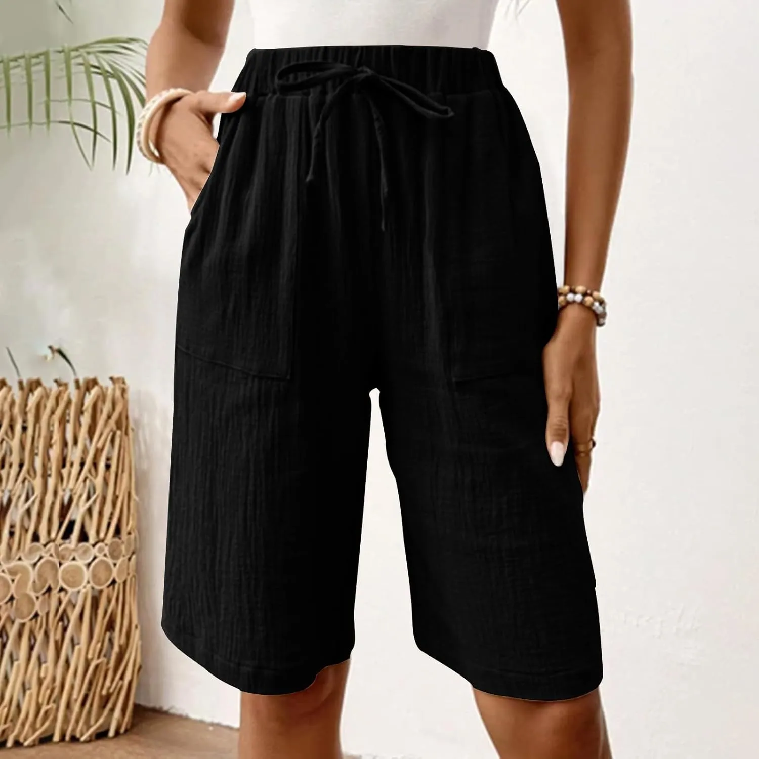 Bermuda Shorts for Women Knee Length Elastic Waist Drawstring Loose Wide Leg Shorts Summer Casual Beach Clothes 2025