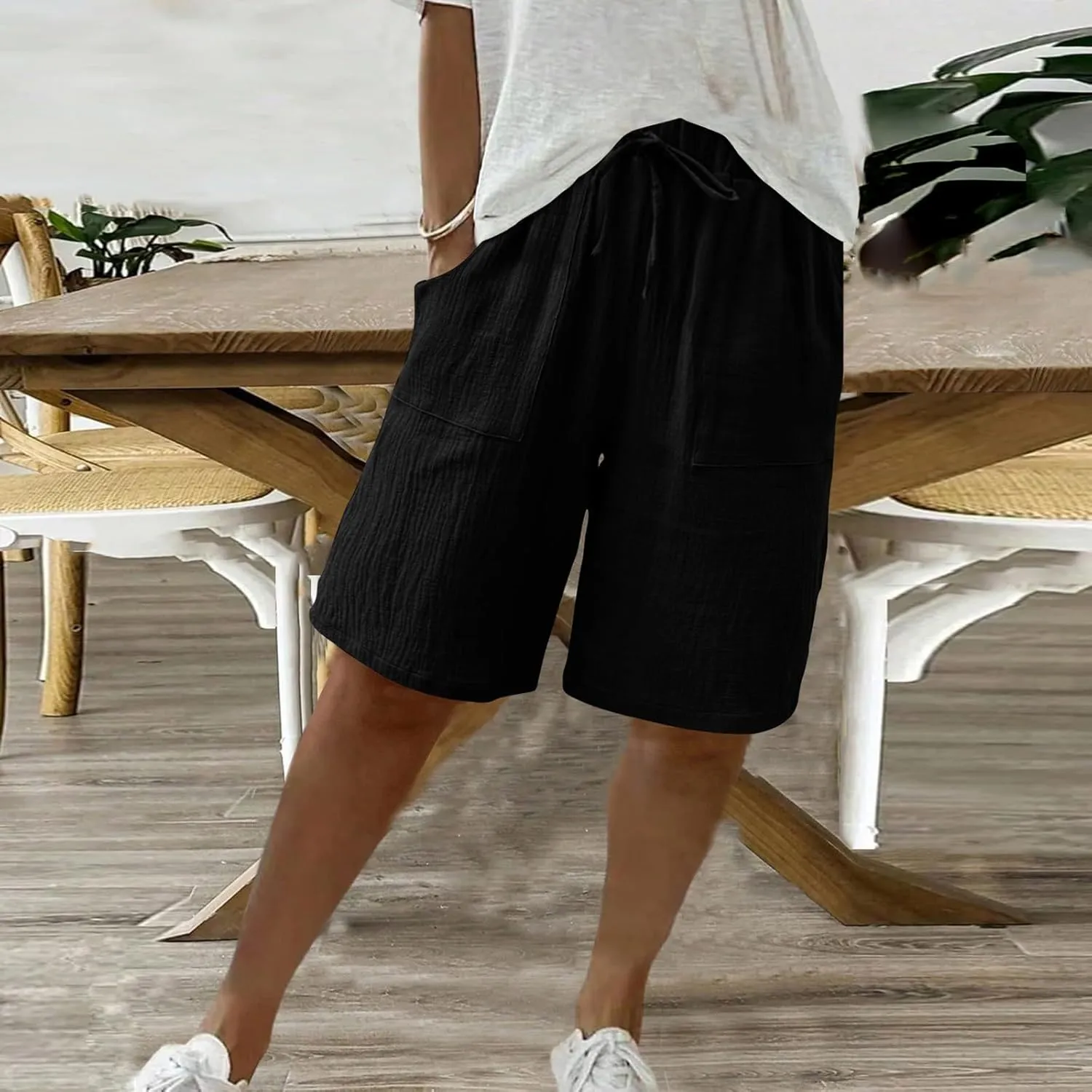 Bermuda Shorts for Women Knee Length Elastic Waist Drawstring Loose Wide Leg Shorts Summer Casual Beach Clothes 2025