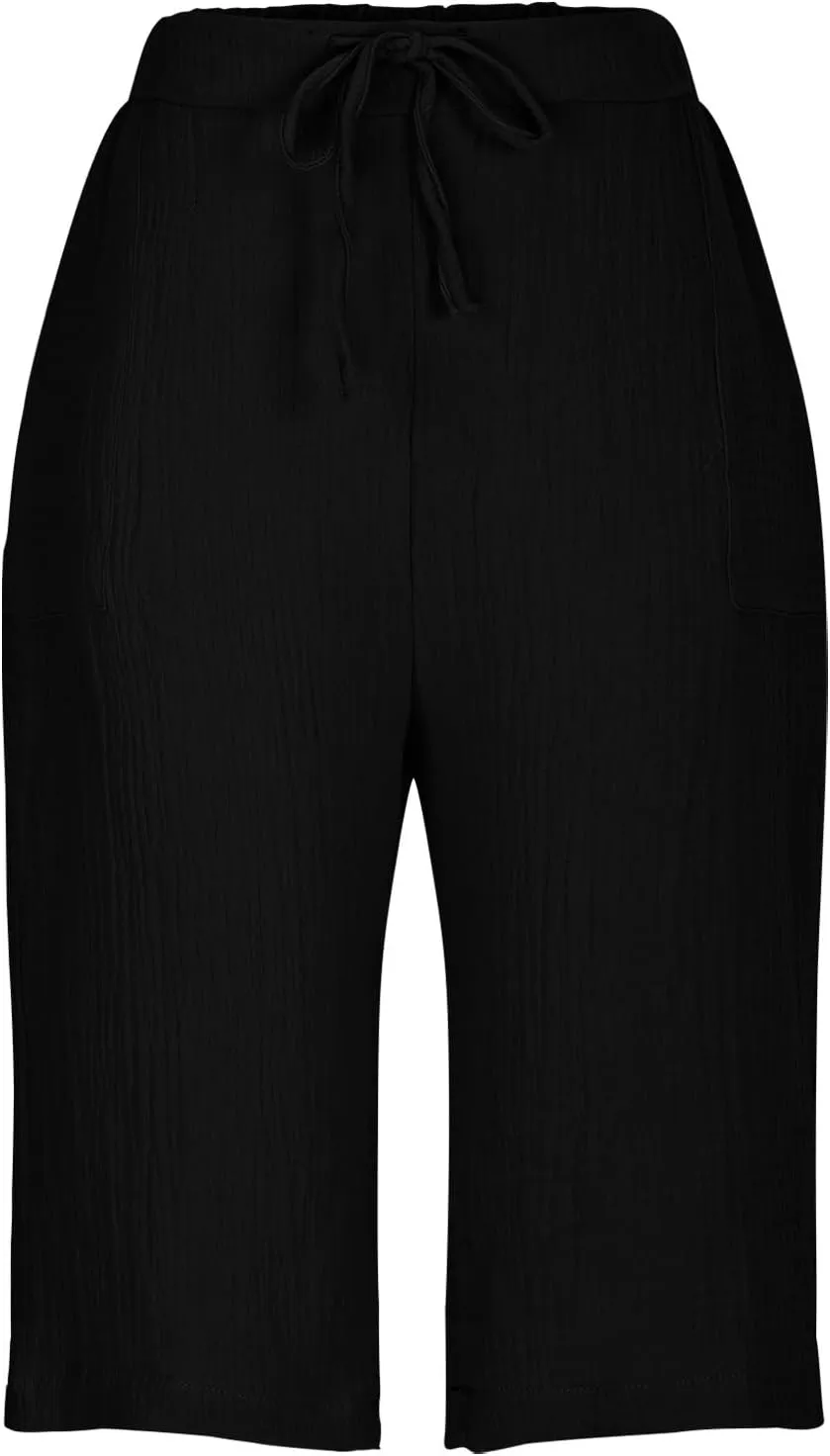 Bermuda Shorts for Women Knee Length Elastic Waist Drawstring Loose Wide Leg Shorts Summer Casual Beach Clothes 2025