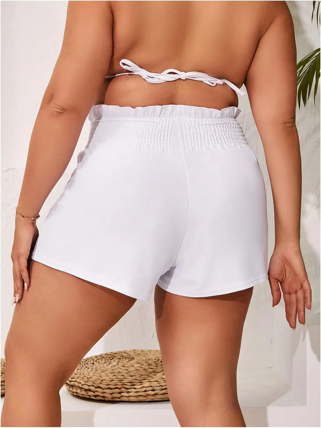 MakeMeChic Women's Plus Size Swim Shorts Ruffle High Waist Swimsuit Shorts Tankini Bottom