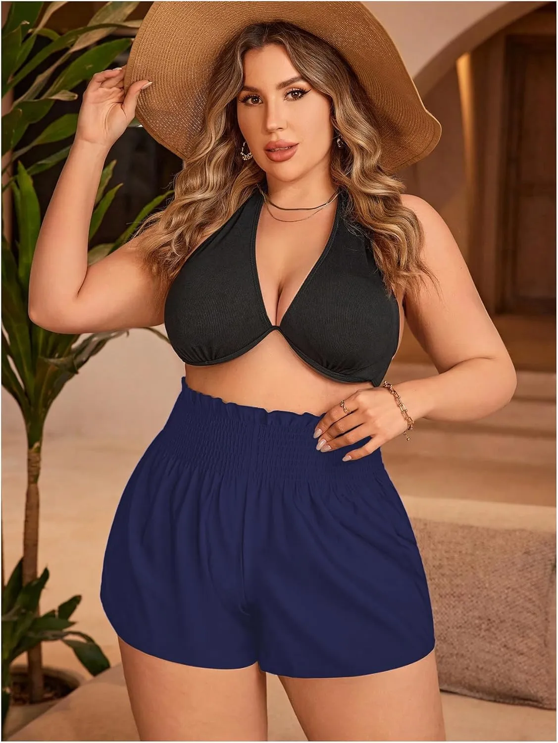 MakeMeChic Women's Plus Size Swim Shorts Ruffle High Waist Swimsuit Shorts Tankini Bottom