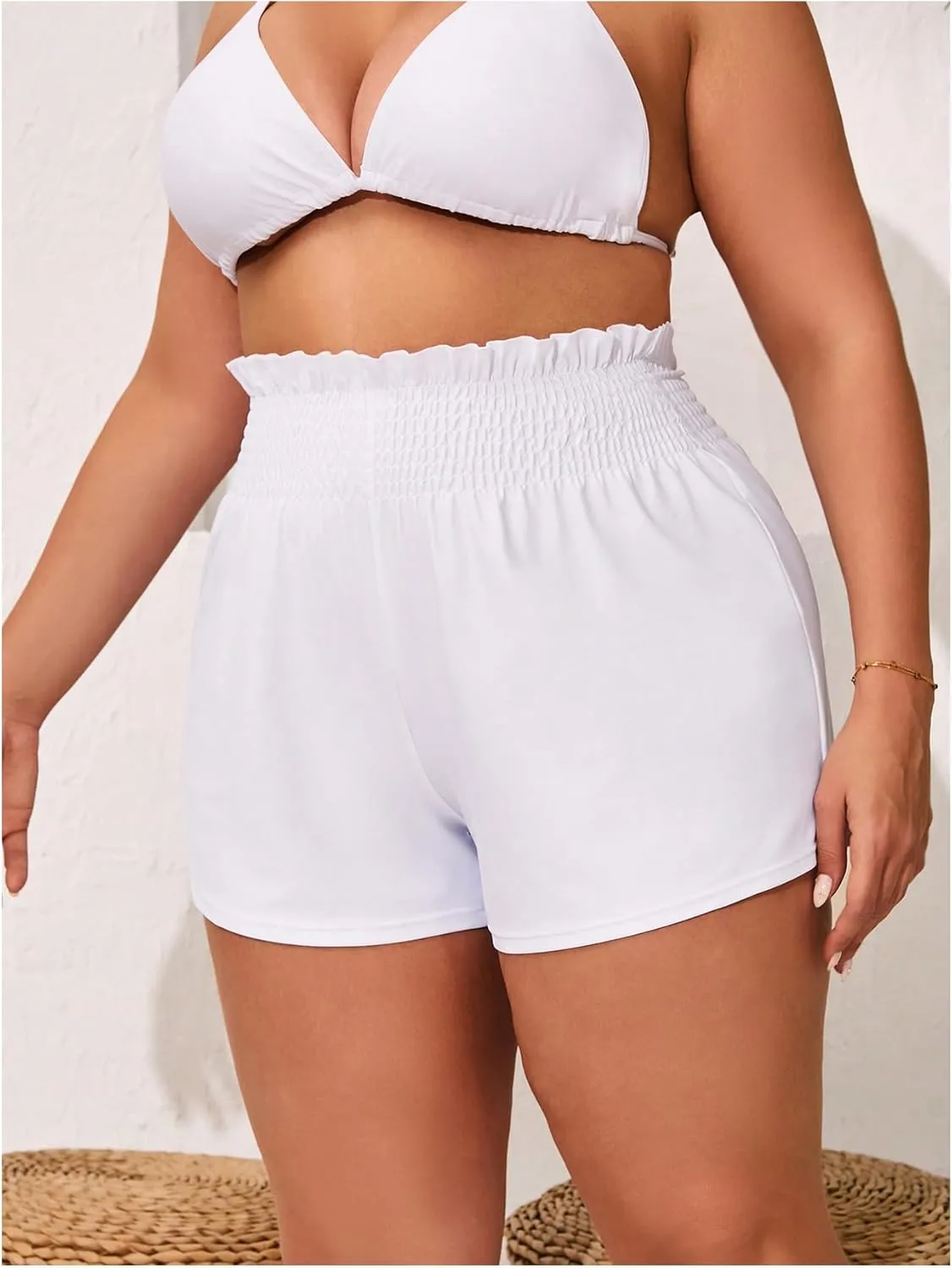 MakeMeChic Women's Plus Size Swim Shorts Ruffle High Waist Swimsuit Shorts Tankini Bottom