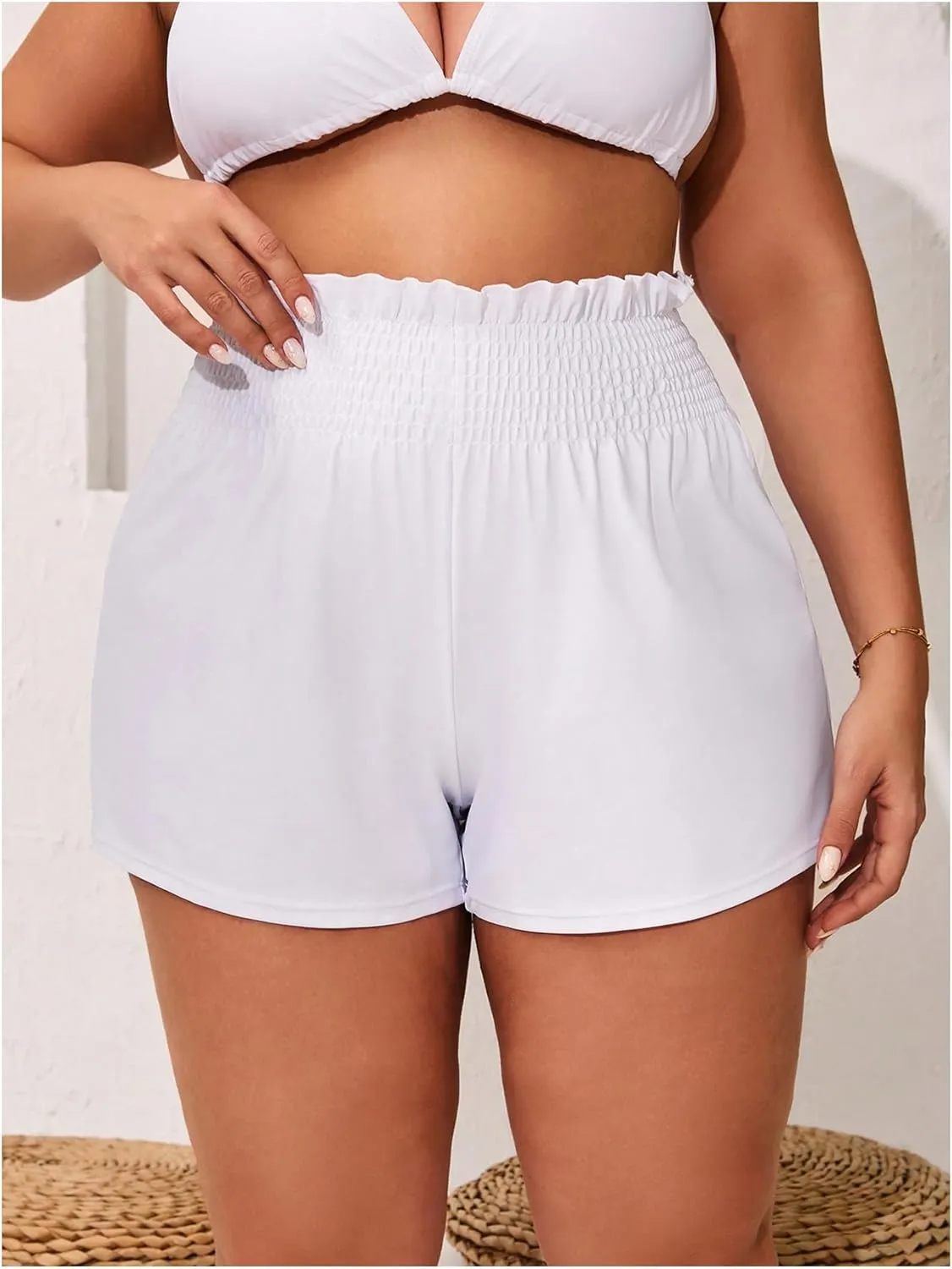 MakeMeChic Women's Plus Size Swim Shorts Ruffle High Waist Swimsuit Shorts Tankini Bottom