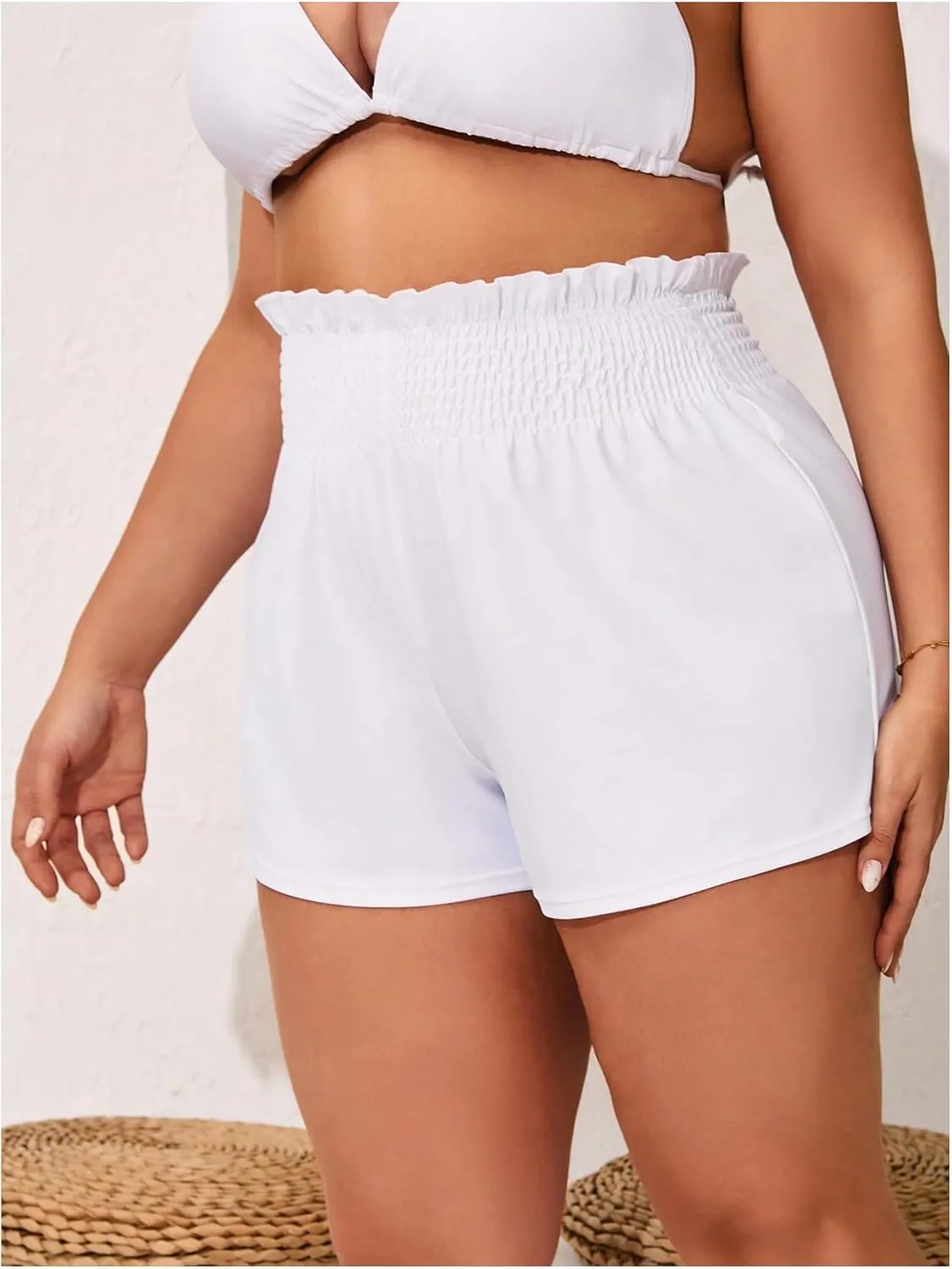MakeMeChic Women's Plus Size Swim Shorts Ruffle High Waist Swimsuit Shorts Tankini Bottom