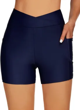 Tournesol Women's 4" Swim Shorts High Waisted Swimsuit Bottoms Cross Waist Bathing Suit Swimwear Boy Shorts with Pocket