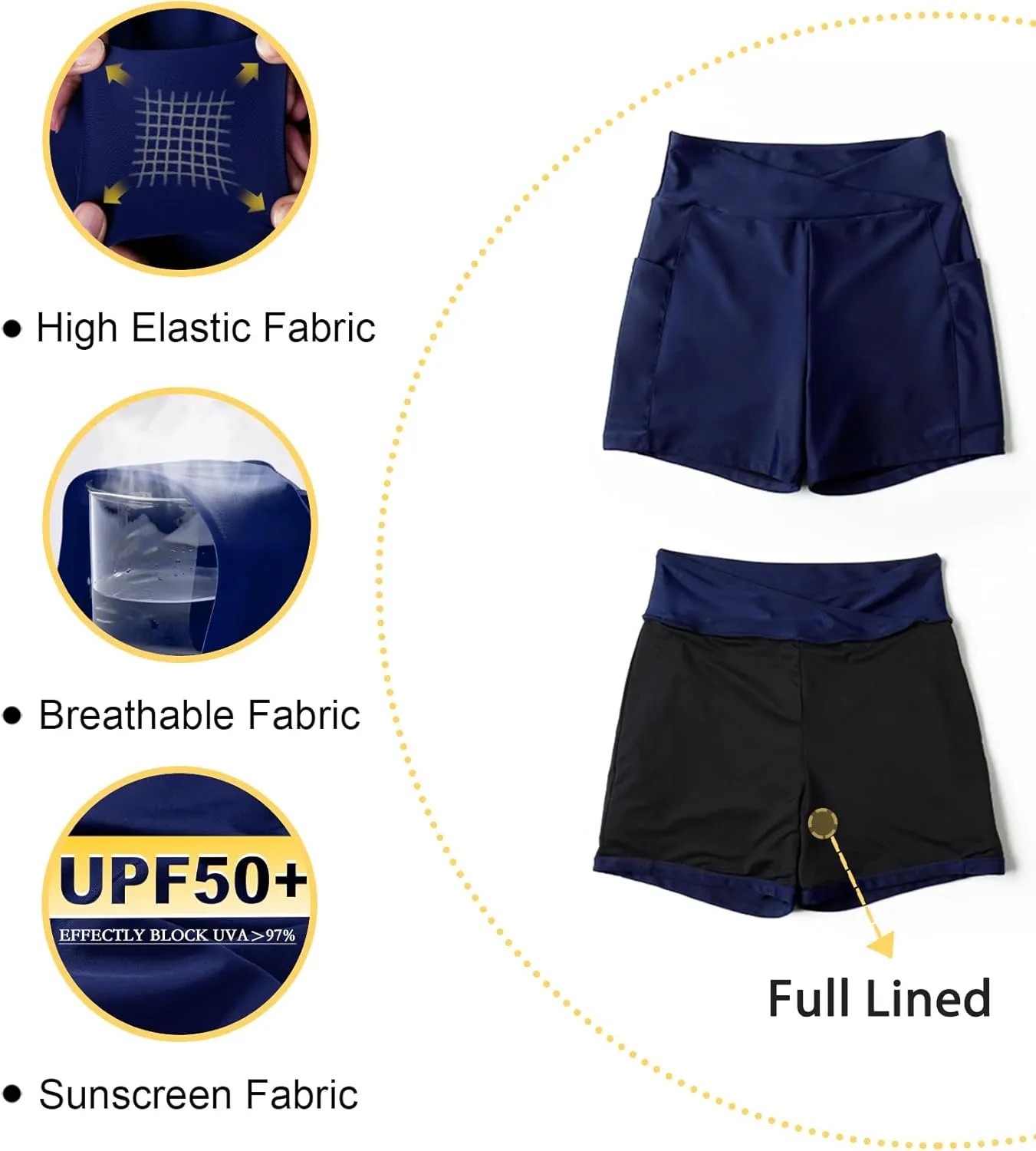 Tournesol Women's 4" Swim Shorts High Waisted Swimsuit Bottoms Cross Waist Bathing Suit Swimwear Boy Shorts with Pocket