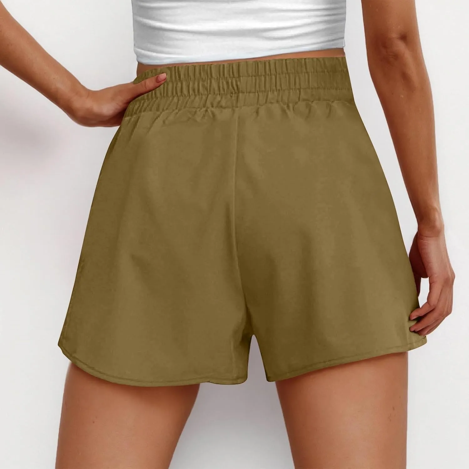 Women's Athletic Shorts High Waisted Running Solid Shorts with Zip Pocket Side Split Short Gym Elastic Workout Pants