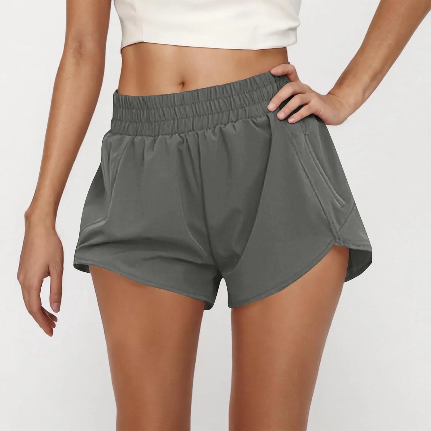Women's Athletic Shorts High Waisted Running Solid Shorts with Zip Pocket Side Split Short Gym Elastic Workout Pants