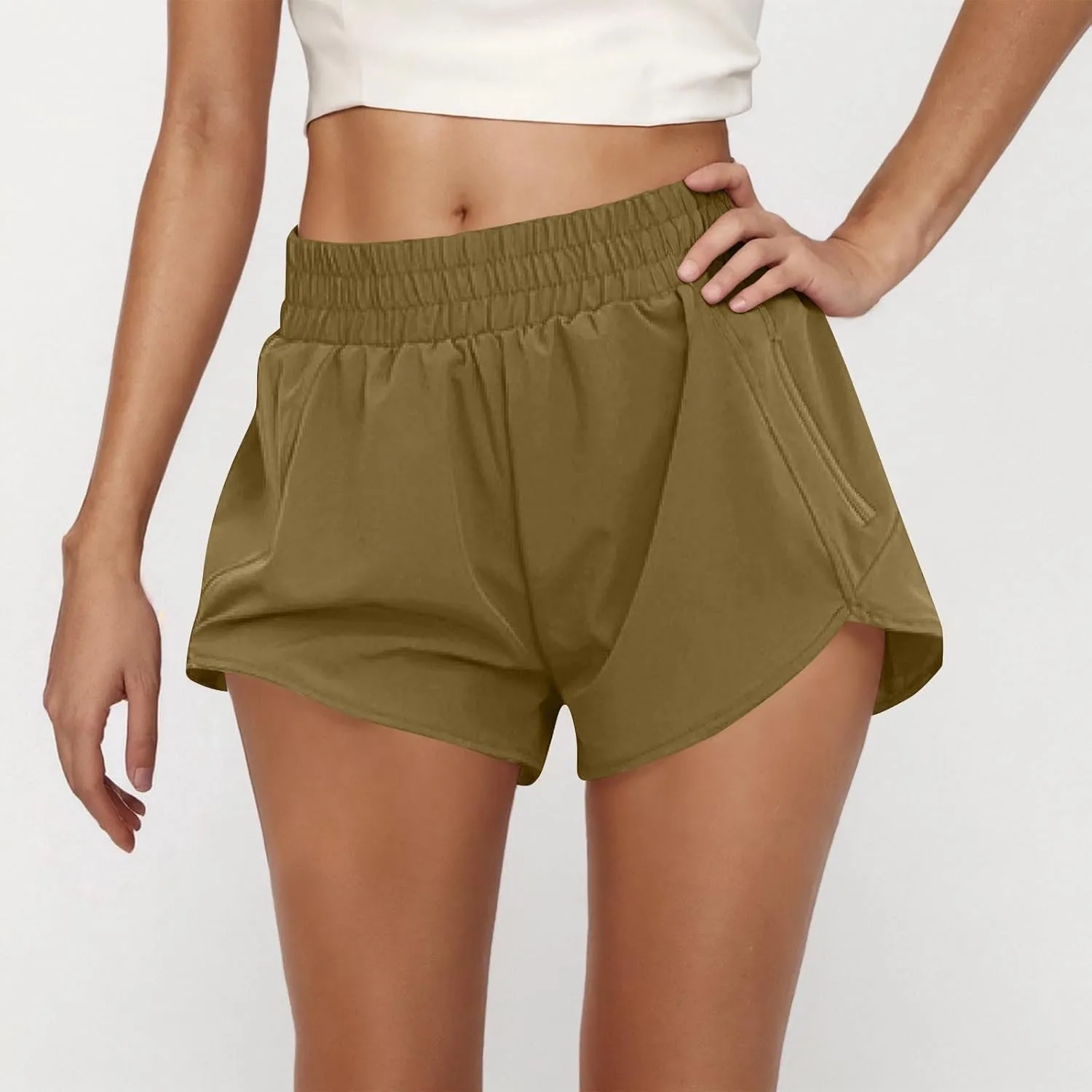 Women's Athletic Shorts High Waisted Running Solid Shorts with Zip Pocket Side Split Short Gym Elastic Workout Pants
