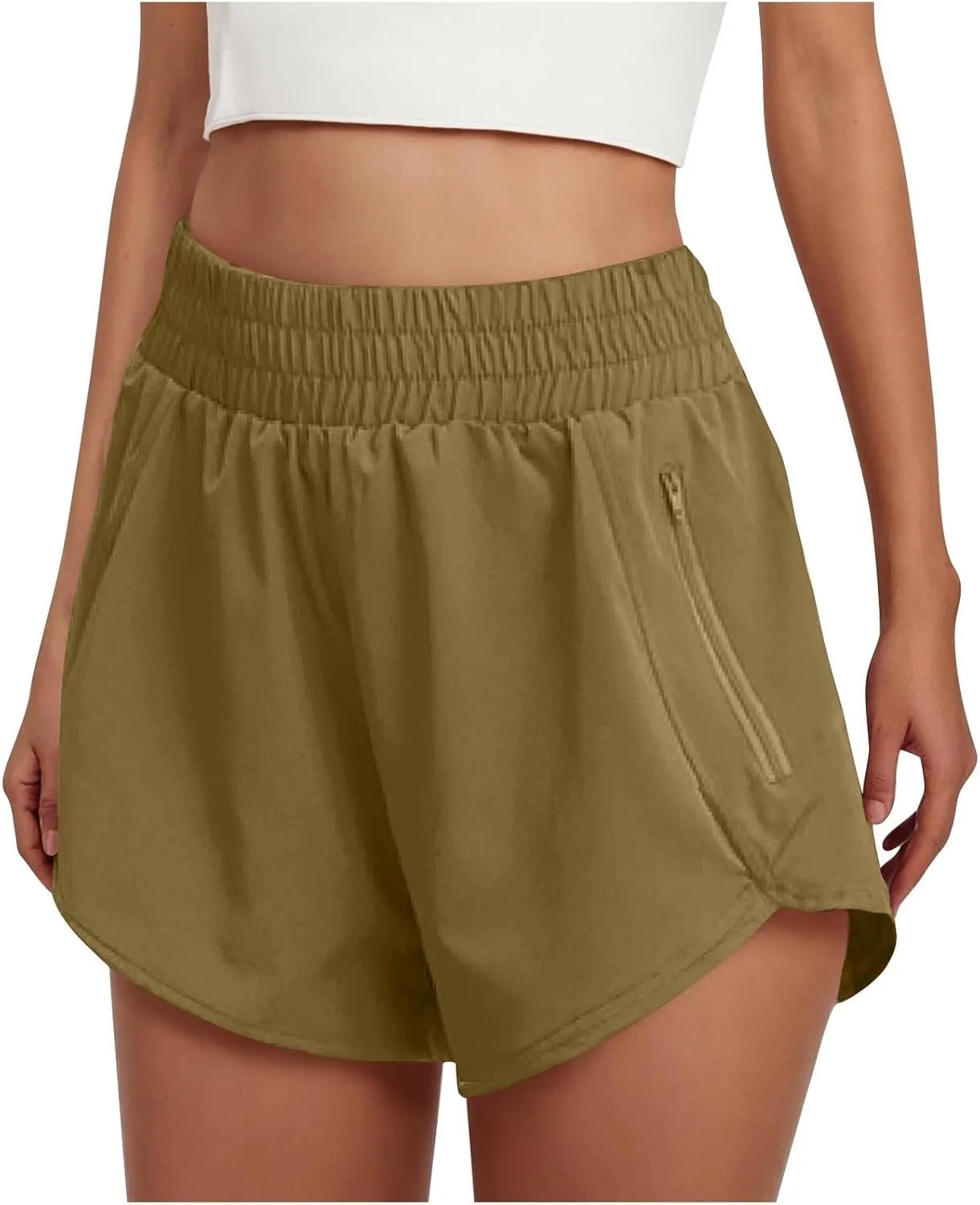 Women's Athletic Shorts High Waisted Running Solid Shorts with Zip Pocket Side Split Short Gym Elastic Workout Pants