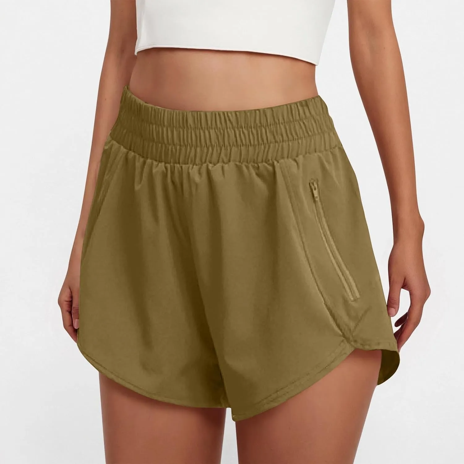 Women's Athletic Shorts High Waisted Running Solid Shorts with Zip Pocket Side Split Short Gym Elastic Workout Pants