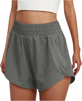 Women's Athletic Shorts High Waisted Running Solid Shorts with Zip Pocket Side Split Short Gym Elastic Workout Pants