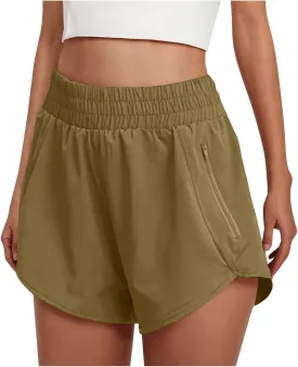 Women's Athletic Shorts High Waisted Running Solid Shorts with Zip Pocket Side Split Short Gym Elastic Workout Pants
