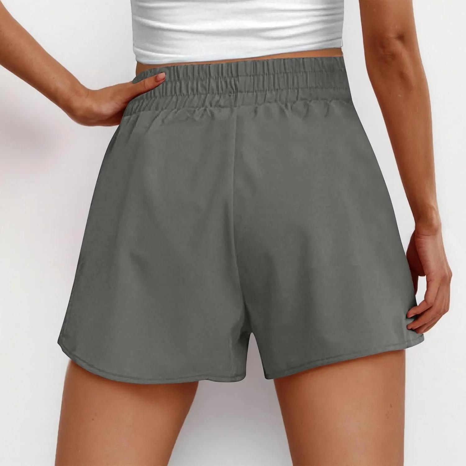 Women's Athletic Shorts High Waisted Running Solid Shorts with Zip Pocket Side Split Short Gym Elastic Workout Pants