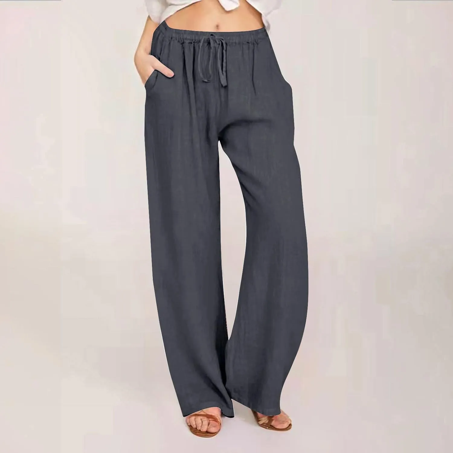 Women's Cotton Linen Pants Summer Casual Wide Leg Pant Loose Drawstring High Waist Palazzo Trousers with Pockets