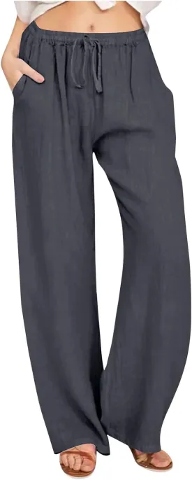Women's Cotton Linen Pants Summer Casual Wide Leg Pant Loose Drawstring High Waist Palazzo Trousers with Pockets